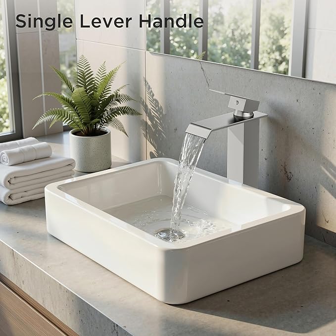 FORIOUS Vessel Bathroom Sink Faucets 1 Hole Brushed Nickel, Tall Waterfall Bathroom Faucet Single Handle with Pop Up Drain and Supply Lines, Deck Mount
