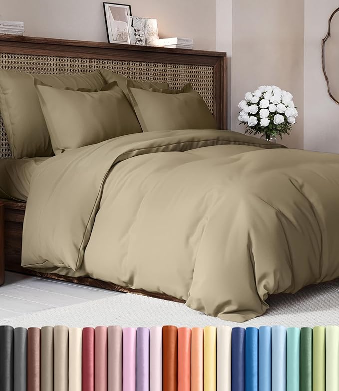 Duvet Cover Full Size Set - Extra Soft Full Duvet Cover 80" x 90" with 2 Pillow Shams for Women, Men, Kids & Teens - Hotel Luxury, Easy-Care w/ Zipper Closures & Ties - Comfy and Breathable (Khaki)