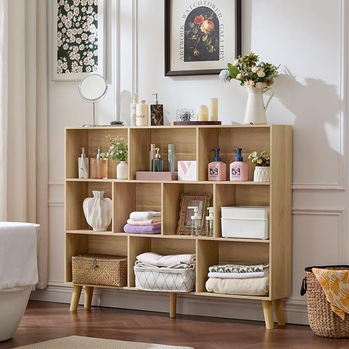 LEYAOYAO 10 Cube Bookshelf,Mid-Century Modern Bookcase with Legs,Light Wood | 3 Tier Book Shelf, 55" Wide Rustic Wood Bookshelves Large Storage Organizer, Open Shelves for Bedroom, Living Room, Office