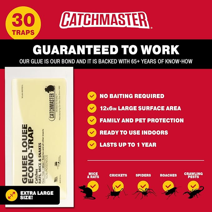 Catchmaster Gluee Louee Rat Extra Large Traps 30-PK, Heavy Duty Glue Trap, Mouse Traps for Home, Pest Control Adhesive Glue Boards for Inside House, Snake, Mice, & Spider Trap