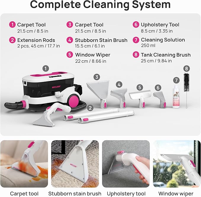 WECLEAN C4 Portable Carpet Cleaner Machine, Stand Up Upholstery Cleaner with 18KPa Powerful Suction, 800W Spot Cleaner for Pet Stains, Carpet, Rug, Couch and Car Interior, Dual Tank System, Pink