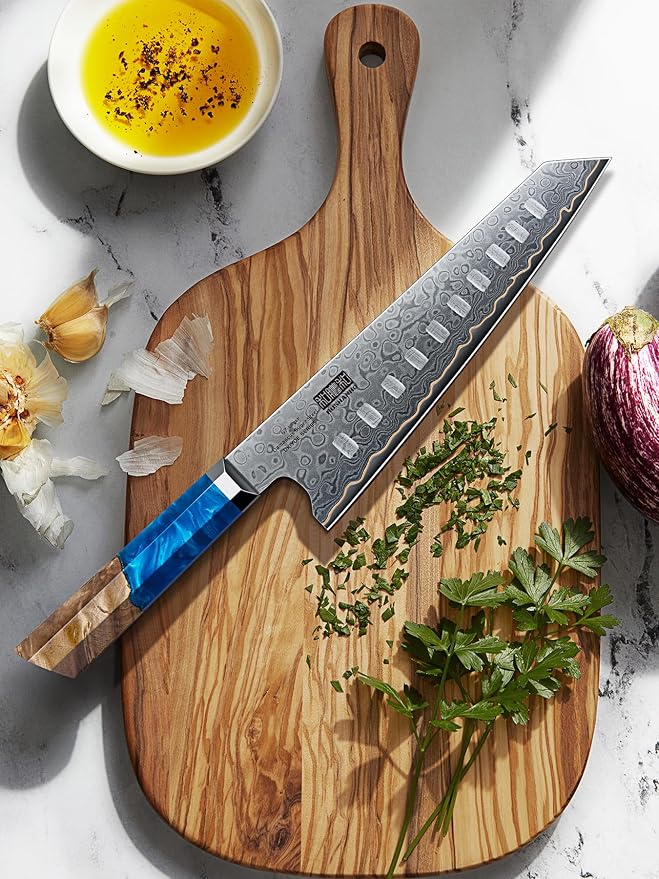HOSHANHO 7" Damascus Santoku Knife, 67-Layer Damascus Kitchen Chef Knife | Ultra Sharp Professional Kitchen Knives with Ergonomic Blue Resin Stabilized Wood Handle and Wood Gift Box