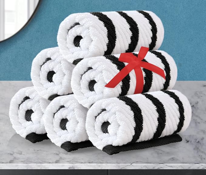 VOOVA & MOVAS Wash Cloths 4PC, 100% Cotton, 13x13 in, Black White | Thick, Quick Dry, Soft, Absorbent, Dorm Room Essentials, Perfect For Bath, Travel, Gym