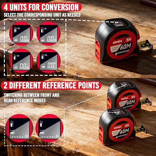 SENDA 3-in-1 Laser Tape Measure - 197Ft Rechargeable Laser Measuring Tape with Led Display & 16Ft Measuring Tool with Magnetic Hook & Auto Lock -20 Data Sets,Pythagorean/Area/Volume,Ft/Ft+in/in/M Unit