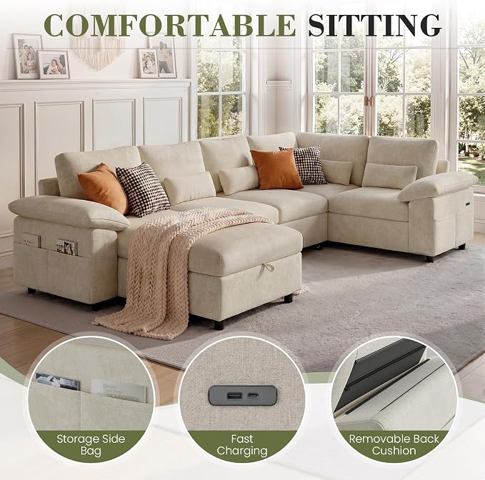 110 Inch Modular Sectional Sleeper Sofa with Pull Out Bed, U Shaped 7 Seat Cloud Modular Sectional Sofa with Storage, Chenille Sectional Couches for Living Room, Removable Sofa Cover, Beige