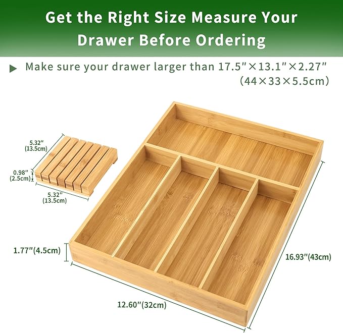 VaeFae Bamboo Silverware Organizer (Non-expandable), Utensil Holder for Drawer, Cutlery Tray with Divider for Kitchen Drawer, Utensil Organizer with Knife Block