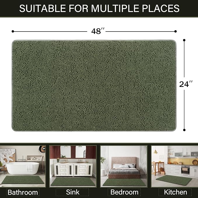 LOCHAS Luxury Bathroom Rug Shaggy Bath Mat 24 x 48 Inch, Olive Green | Washable Non Slip Bath Rugs for Bathroom Shower, Soft Plush Chenille Absorbent Carpets