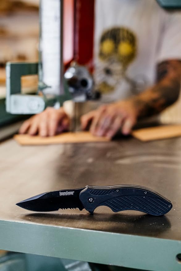 Kershaw Clash Black Serrated Pocketknife, 3" 8Cr13MoV Steel Drop Point Blade, Assisted One-Handed Flipper Opening, Folding Utility EDC | 3.1 Inch Steel Drop Point Partially Serrated Blade, Assisted Opening, Reversible Clip, For Men and Women