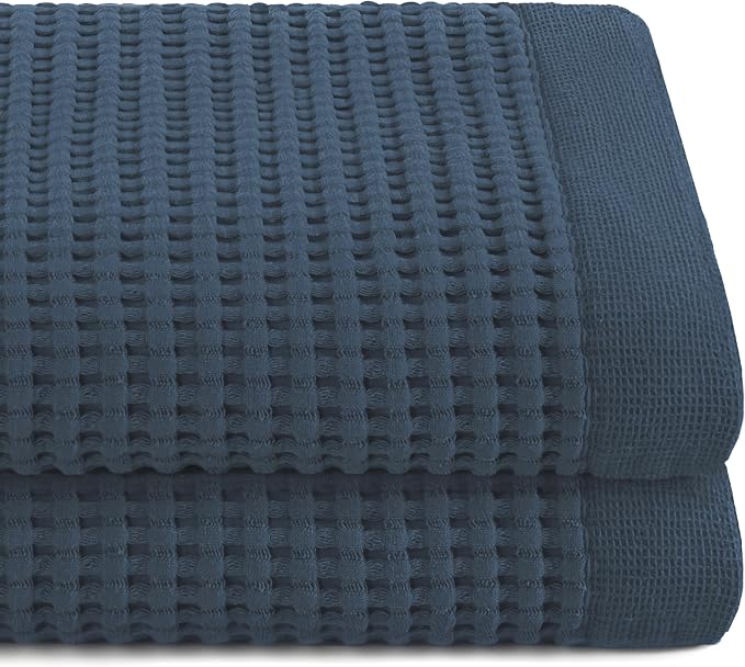 GILDEN TREE Waffle Towels for Bathroom Luxury 100% Cotton Bath Towels, Quick Dry Towel, Thin Super Absorbent Lint Free Shower Towels, Bath Towels Set of 2, Modern Style (Midnight Blue)