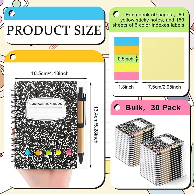 Qilery 30 Pack Composition Lined Spiral Notebook Small Notepad and Pen Set Steno Pads Lined Notepad Black Pocket Notebook for Business Office School Supplies