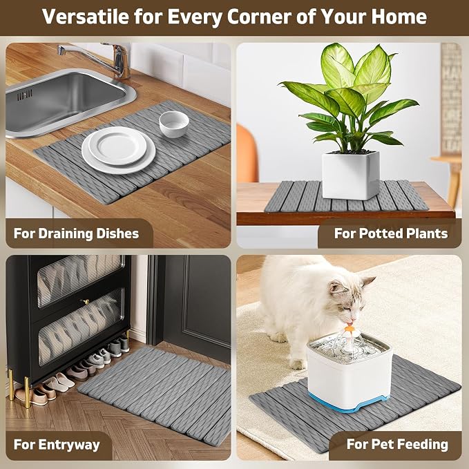 Foldable Stone Bath Mat, 2 Pcs Fast Drying Diatomaceous Earth Stone Drying Mat with Grooves on Surface, Non-Slip Rubber Base, Easy to Store and Clean (Grey, 24"x 16" & 8"x 4")