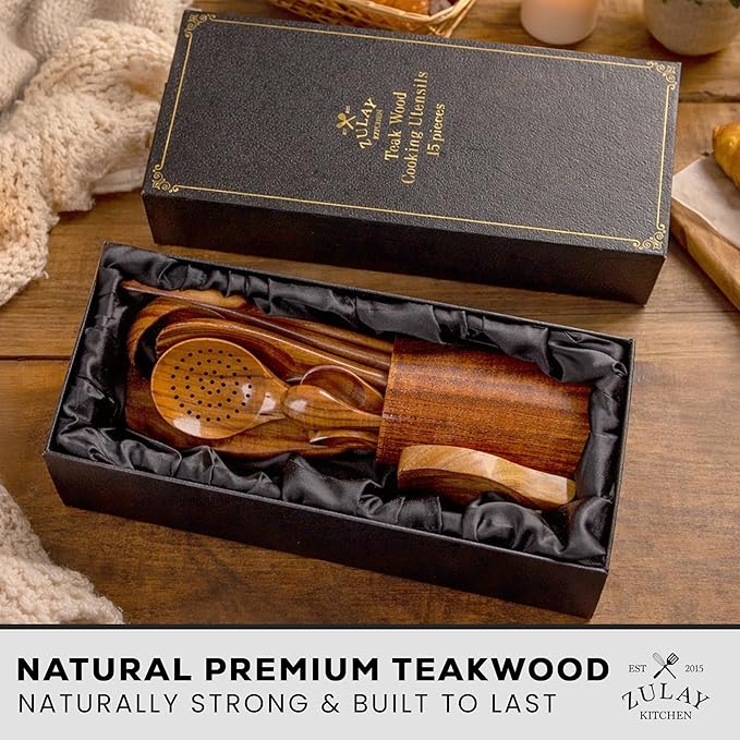 Zulay Kitchen 15-Piece Teak Wooden Utensils for Cooking - Natural Teak Utensil Set with Premium Gift Box - Non-Stick Wooden Spoons for Cooking - Kitchen Gift Set - Comfortable Grip Wooden Utensil Set
