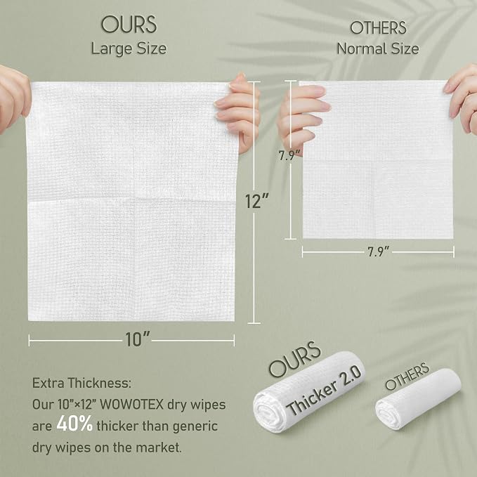 WOWOTEX THICKER Disposable Face Towels Ultra Soft Large Dry Wipes 50 Count | Gentle for All Skin Types, Thick Soft Sheets, 10"×12", Ideal for Skincare, Makeup Removal and Daily Facial Cleansing
