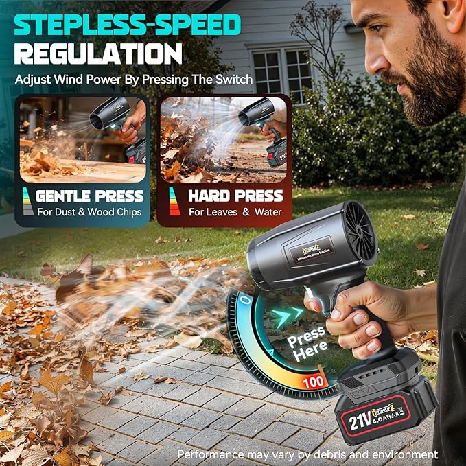 DIYtoolifz Cordless Leaf Blower with 2x4.0Ah Batteries, 800,000 RPM Brushless Motor, Adjustable Speed, Lightweight Portable Electric Blower for Car, Patio, Garden & Indoor Cleaning, 3 Nozzles Included