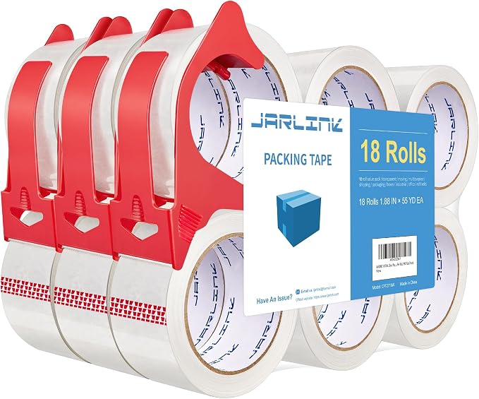 JARLINK 18 Rolls Clear Packing Tape with 3 Dispensers for Shipping | 2.7mil Thick, 1.88 Inches Wide, 55 Yards per Roll, Total 990 Yards, Comes with 3 Tape Dispensers