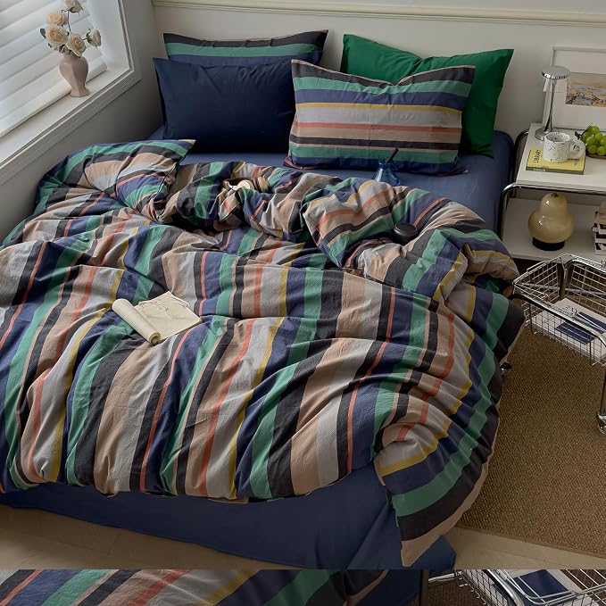 mixinni Blue Striped Duvet Cover Twin XL 100% Washed Cotton 3 Pcs Vintage Striped Bedding Set Soft Breathable Comforter Cover Set for Boys Girls Bedroom