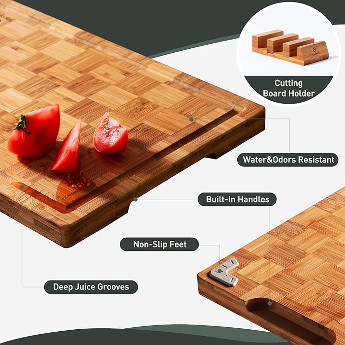 3 Pack Heavy Duty Bamboo Cutting Board Set Non Toxic Wooden Cutting Board for Kitchen Non Slip Solid End Grain Thick Wood Juice Groove Chopping Board Extra Large Butcher Block Best House Warming Gift