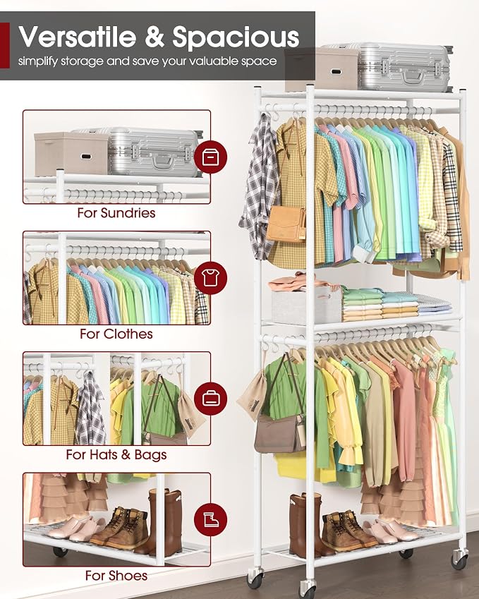 Sakugi Clothes Rack - 33.0" x 12.2" x 79.5" Clothing Rack with Shelves & Wheels, Multi-Functional Wardrobe Closet with Hooks, Sturdy Metal Garment Rack for Bedroom, Laundry, Balcony (White)