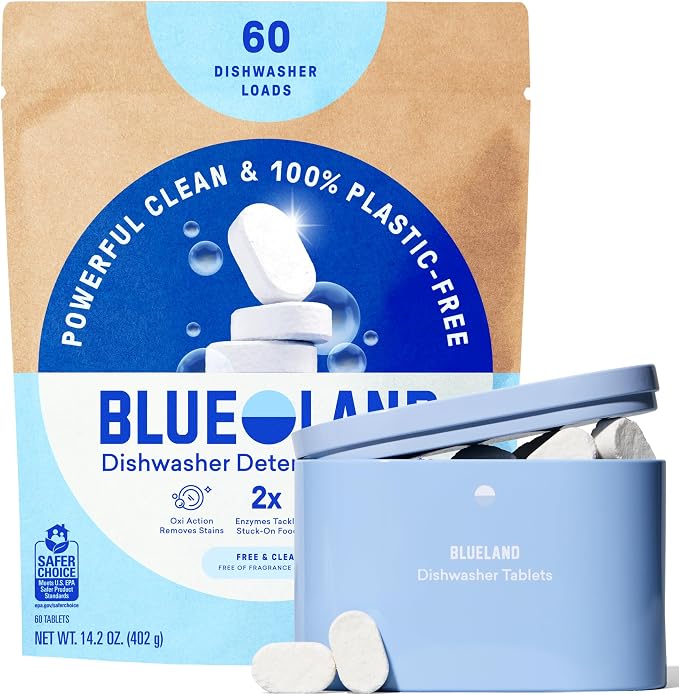 BLUELAND 100% Plastic-Free Dishwasher Detergent Tablets, Starter Set, 60 Count with tin, Free & Clear, Eco-Friendly Dishwashing Pods, Cuts Grease & Stuck on Food, Rinses Clean for Streak-Free Shine