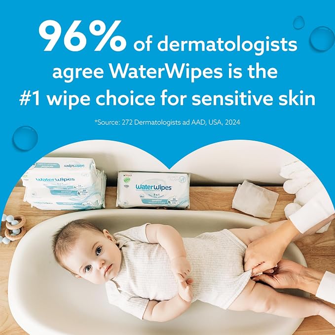 WaterWipes Sensitive+ Newborn & Baby Wipes, 3-In-1 Cleans, Cares, Protects, 99.9% Water, Unscented & Hypoallergenic, 300 Count (5 Packs)