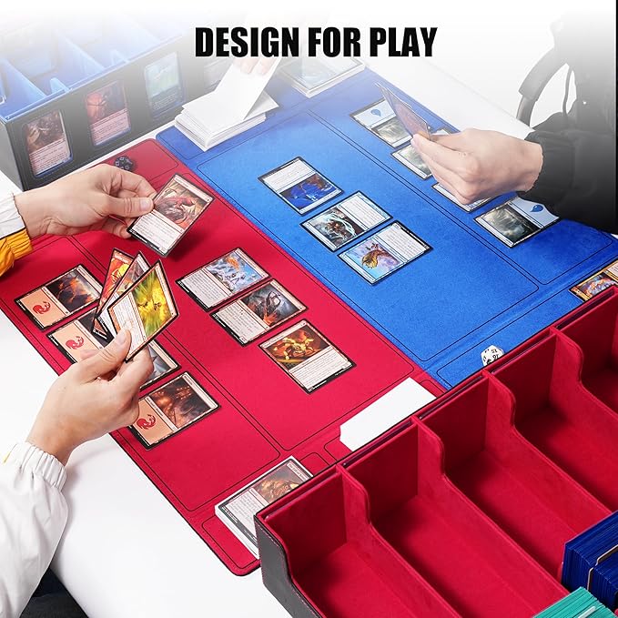 Trading Card Storage Box with Commander Display , 5-Row Deck Case with Removable Lid; 3900+ Card Deck Box for MTG TCG Sports Card, 5 Top Loaders, 5 Stoppers, 48 Dividers,1 Dice Tray (Black Blue)