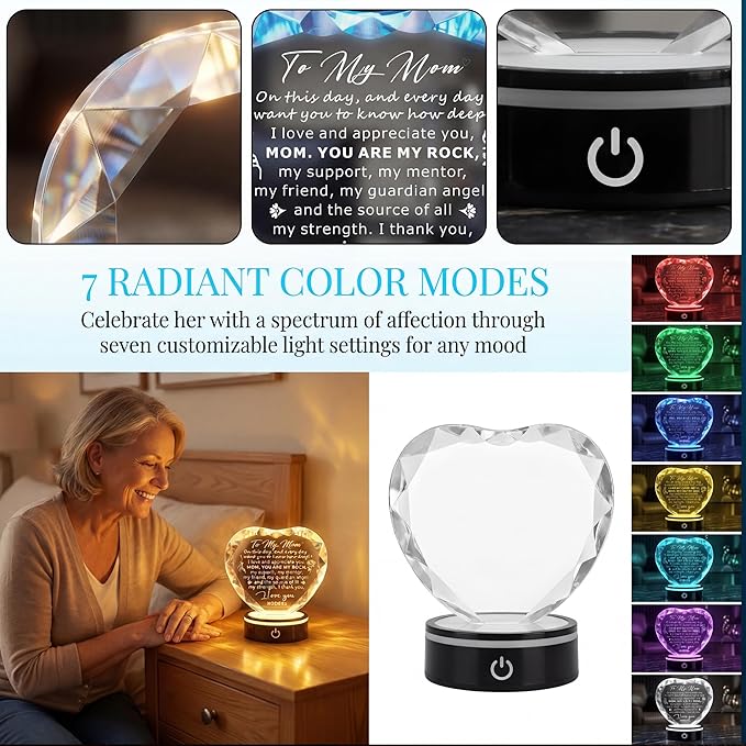 Gifts for Mom,Heart Crystal Keepsake Plaque with LED Base, Mother's Day, Birthday, Christmas, Thanksgiving, Engraved Mother Quote