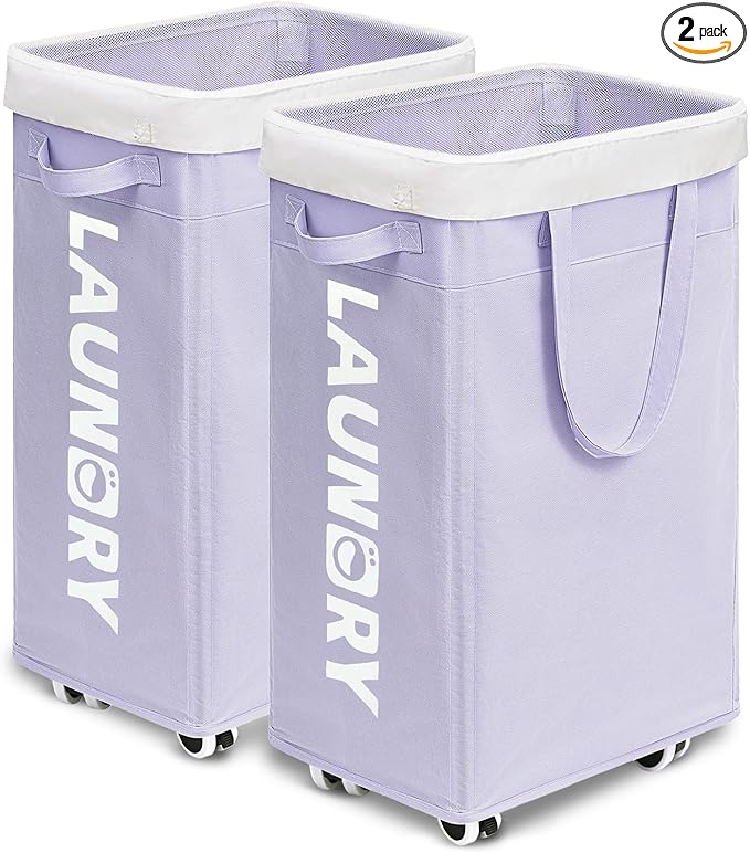 Goodpick Laundry Basket with Wheels 2-Pack, 75L Collapsible Laundry Baskets with Removable Wash Bag, Clothes Laundry Hamper on Wheels, Light Purple