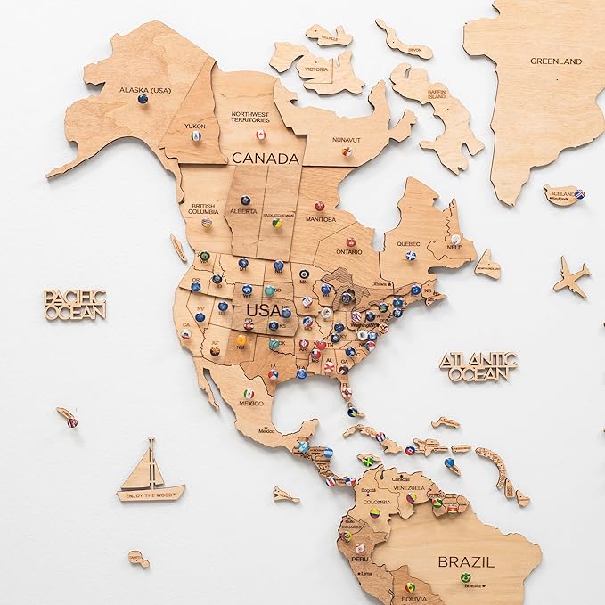 ENJOY THE WOOD 3D Wood World Map Wall Art Large Wood Wall Décor Housewarming Gift Idea Art World Travel Map For Home & Kitchen or Office (Light, 2XL)