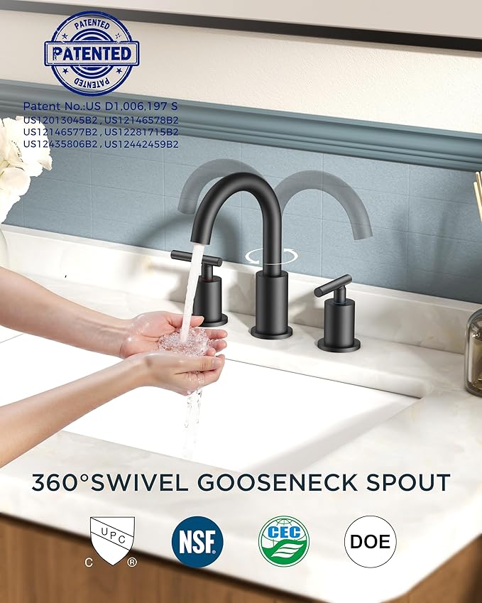 FORIOUS 2 Pack Black Bathroom Faucet 3 Hole, 8" Widespread Matte Black Bathroom Sink Faucet with 360°Swivel Spout, Suitable for 6-12 Inch Vanity Sink, with Metal Pop-up Drain and Supply Line