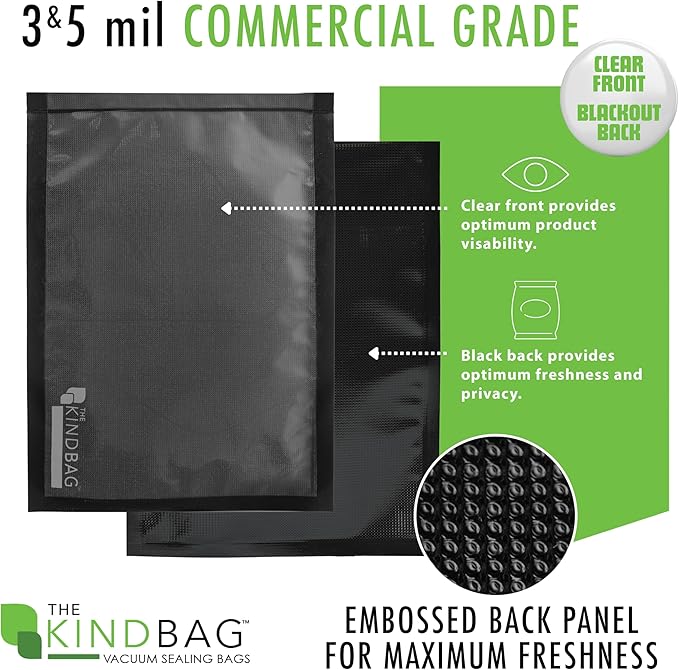 The Kind Bag Vacuum Seal Bags for Food Storage, 11.5x24 Inch 100 Pack, Pre-Cut 5mil Commercial Grade, Black Back Clear Front, BPA Free, Airtight and Freezer Safe, Prevents Freezer Burn