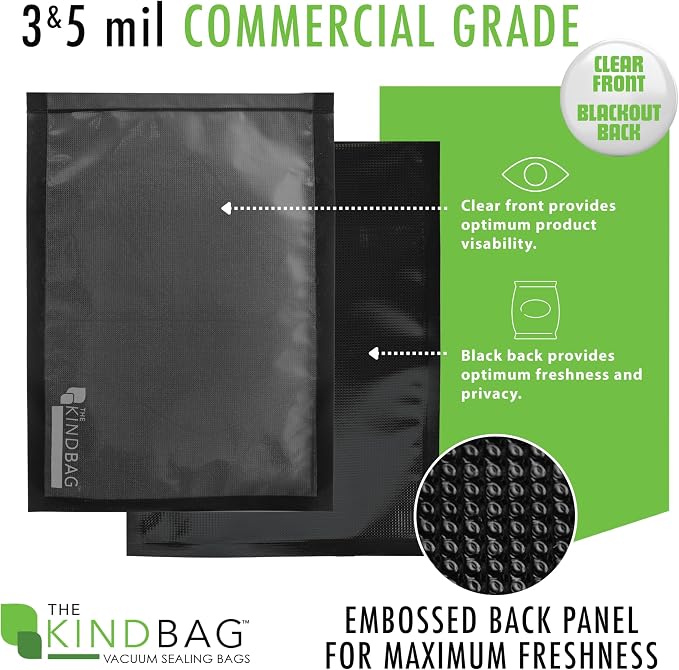 The Kind Bag Vacuum Seal Bags for Food Storage, 8x12 Inch 100 Pack, Pre-Cut 3mil Commercial Grade, Black Back Clear Front, BPA Free, Airtight and Freezer Safe, Prevents Freezer Burn
