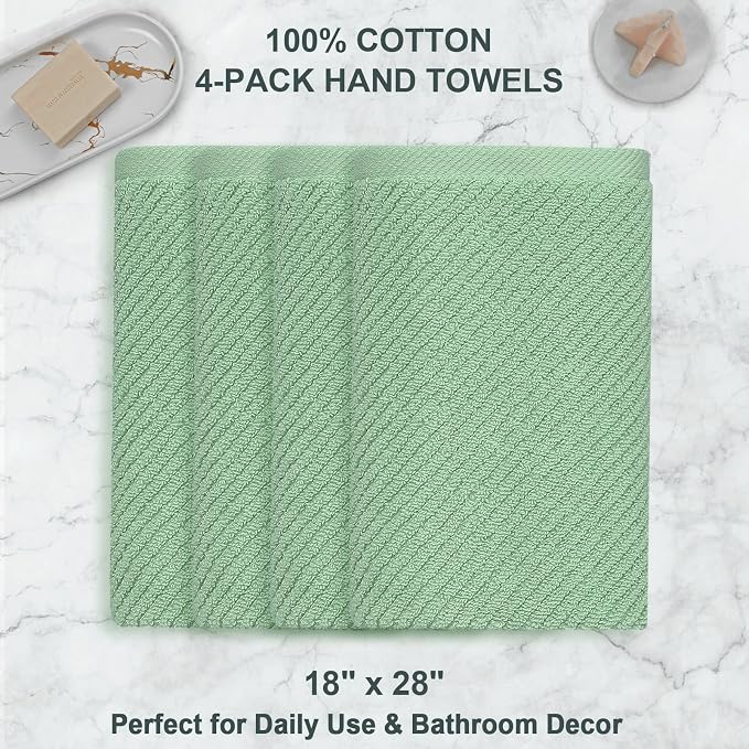 VOOVA & MOVAS Hand Towels 4PC, 100% Cotton, 18x28 in, Sage Green | Thick, Quick Dry, Soft, Absorbent, Bathroom Essentials, Suitable For Shower, Gym, Daily Household