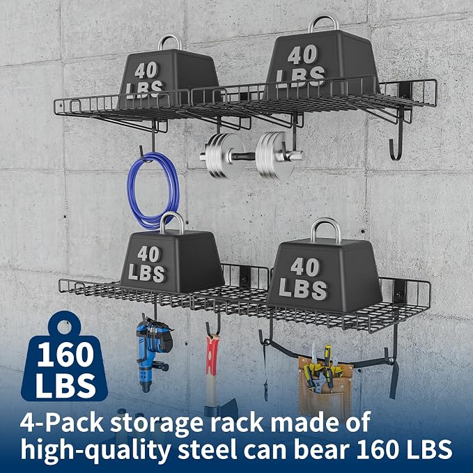 4 Pack Garage Wall Shelf, Wall Mounted Storage Shelves, Heavy Duty Metal Shelves for Room Wall, Loads 160 LBS Floating Shelves Mesh Storage Rack for Garage, Office, Basement,Wall Cabinet and Kitchen