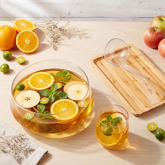 1.2 Gallon Glass Punch Bowl Set with Ladle, Clear Glass | Acacia Wood Base, Smooth Glass Finish, Elegant Centerpiece, Ideal for Holiday, Wedding, Parties & Gatherings