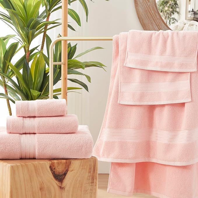 COZYART Luxury Bath Towel Set 3 PCS, Pink 100% Turkish Cotton 650 GSM | OEKO-Tex 100 Certified Zero Twist Ring Spun, Soft Absorbent Quick Dry, Plush Fluffy, Breathable Hotel Quality for Daily Use