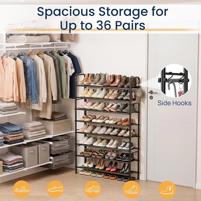 ENJOYBASICS 8 Tier Shoe Rack Garage Storage, Tall Metal Shoes Shelf, Black | Free Standing Shoe Holder for 36 Pairs, Sturdy Heavy Duty Shoe Organizer for Walk-in Closet, Guest Room, Garage, Entryway