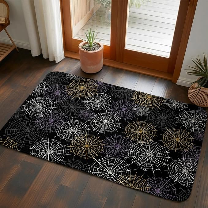 Black Halloween Washable Area Rugs for Living Room Bedroom, Large Non Slip Indoor Floor Carpet Absorbent Low Pile Purple White Yellow Net Classic Black Door Mat Rugs for Bathroom Entryway 47.2"x63"