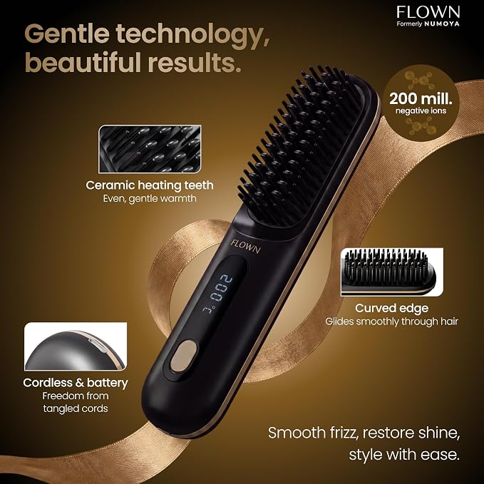 FLOWN® Original Go Brush MAX [Five Minutes Hair Styling Routine] - No Damage Heat Brush with USB-C Charger - Electric Travel Pocket Brush for All Hair Types - Black (Formerly Numoya)