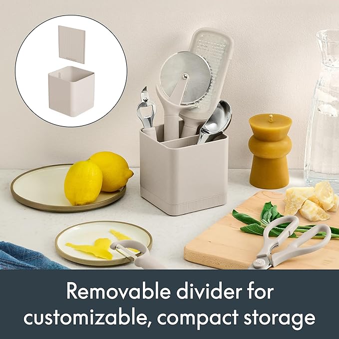 bella 7-Piece Modular Gadget Set, Grater, Pizza Cutter, Ice Cream Scoop, Peeler, Shears, Bottle Opener, Crock with removable divider, Dishwasher Safe, Oatmilk