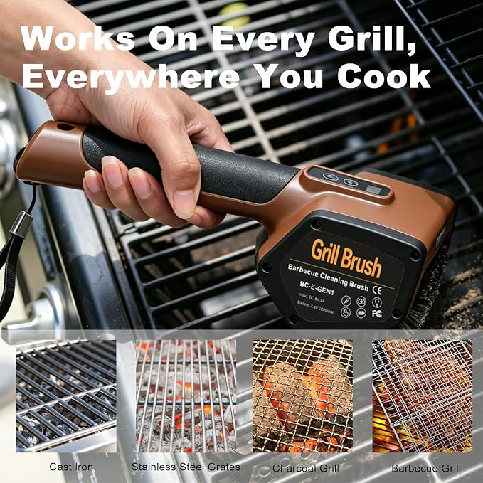 Electric BBQ Grill Brush,3000mAh Electric Grill Cleaner for Outdoor Grill, 2-Speed Power, Type-C Charging, 2 Brush Heads & LED Light, Motorized Grill Cleaning Brush for Camping & Family BBQ (Brown)