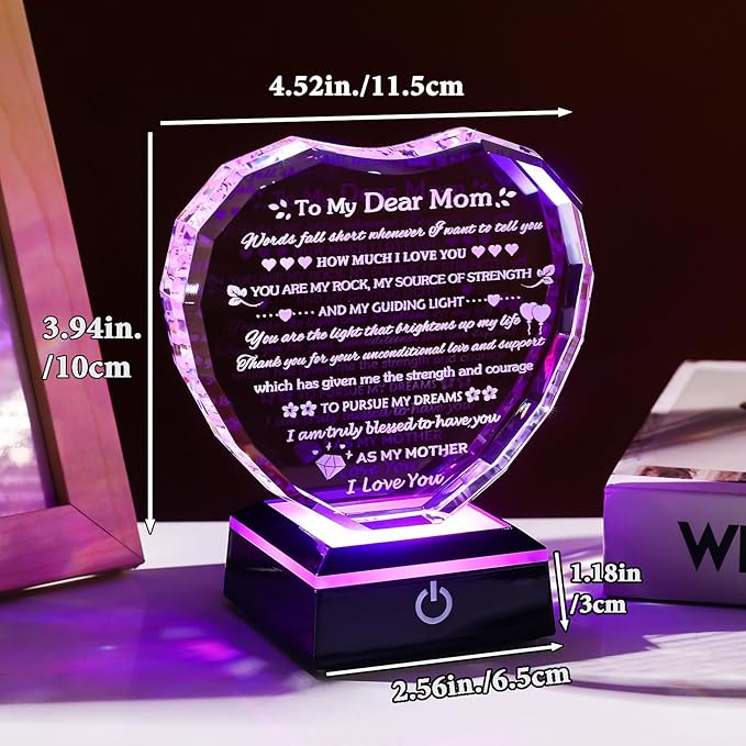 Arikyrist Gifts for Mom with Colorful LED Base Moms Birthday Gifts from Daughter Son to My Mom Gift Crystal Heart Keepsake Best Mother Presents Idea for Christmas Mother's Day Valentine
