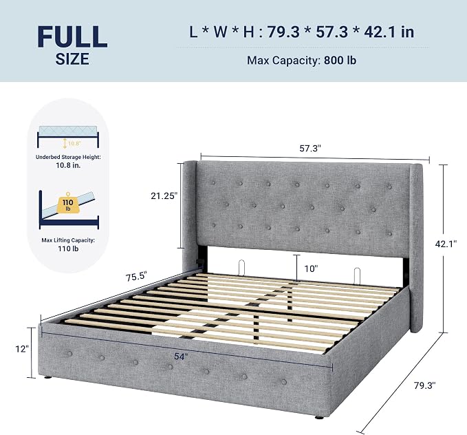 Allewie Full Size Lift Up Storage Button-Tufted Bed Frame Light Grey | Modern Wingback Headboard, Hydraulic Support Storage, No Box Spring Needed
