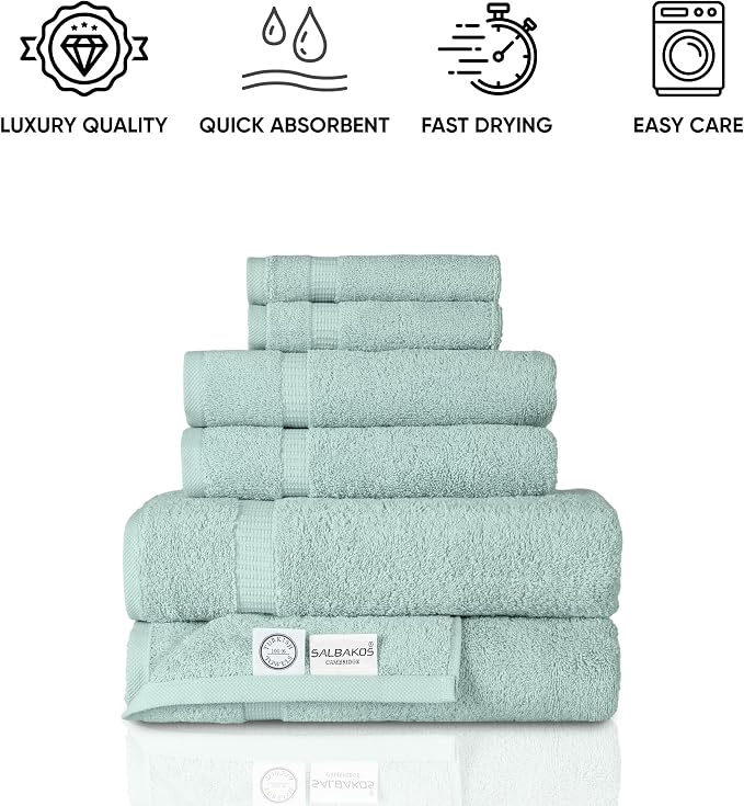 SALBAKOS 100% Turkish Cotton Bathroom Towel Set of 6-Piece, Seafoam Green | 630 Gsm Thick Super Soft Highly Absorbent 2 Bath + 2 Hand + 2 Washcloth Towels Sets, Giftable, Hotel Quality, Made in Turkey