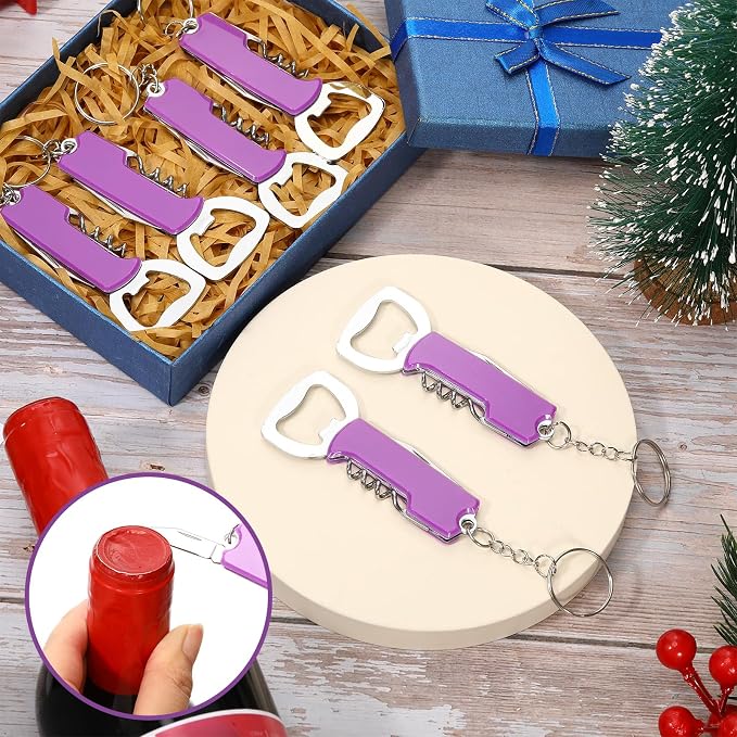 Ziliny 24 Pcs Bottle Opener Keychain Bulk Wine Bottle Beer Opener Keychain 3.27" Stainless Steel Corkscrew Waiter Corkscrew Wine Keyring Gifts for Christmas Bar Party Wedding Home (Purple)
