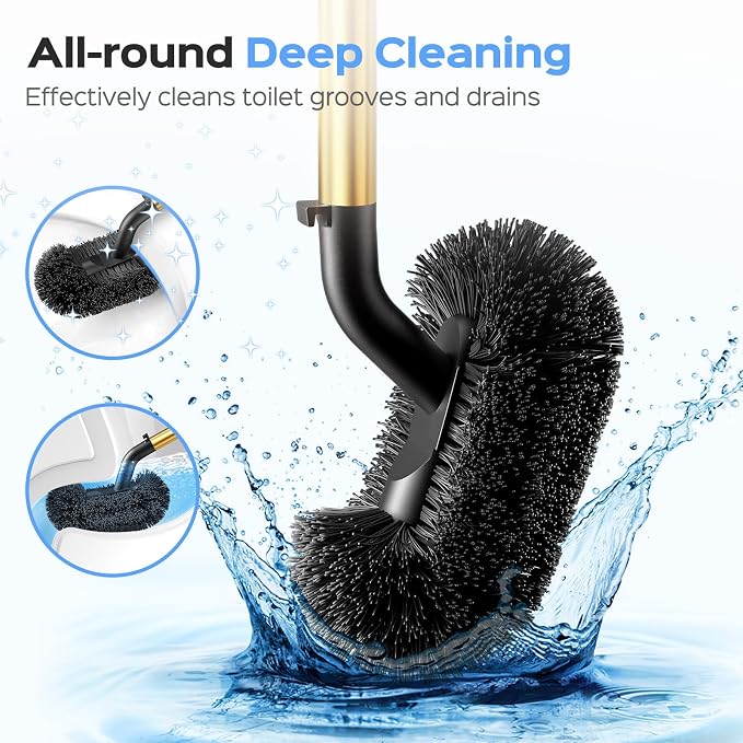 HAMITOR Toilet Plunger and Brush Set: 2 in 1 Stainless Steel Combo with Curved Bristles - Heavy Duty Toilet Unclogging for Family Bathroom - Compact Hideaway Apartment Cleaning Accessories - Gold