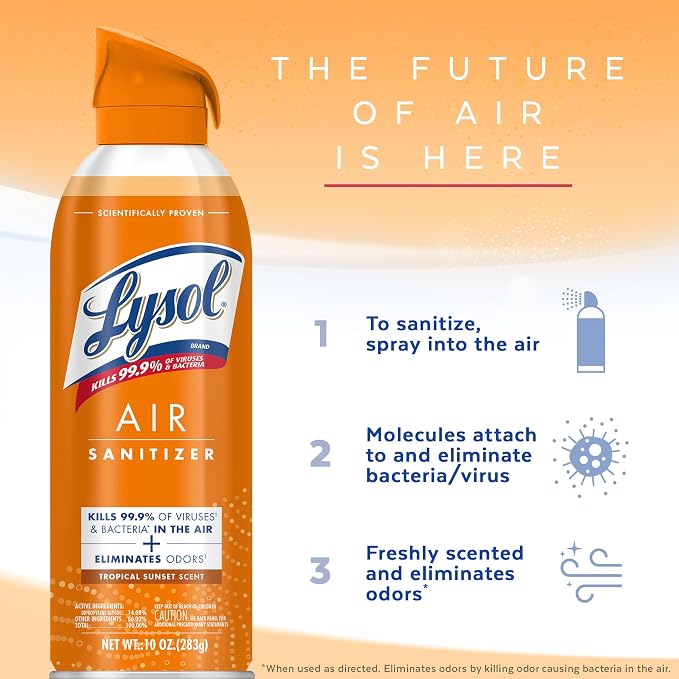 Lysol Air Sanitizer Spray with Bacterial Odor Eliminator for Home & Office, Sanitizing Air Spray, Air Freshener Alternative, Tropical Sunset Scent, 10 oz (Pack of 3)
