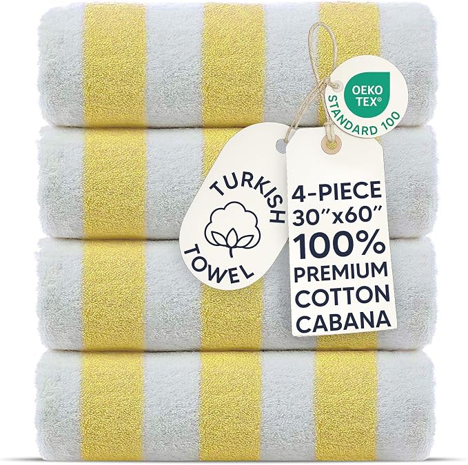 Chakir Turkish Linens Premium Quality 100% Cotton Turkish Cabana Thick Stripe Pool Beach Towels 4-Pack (Yellow, 30x60 Inch)