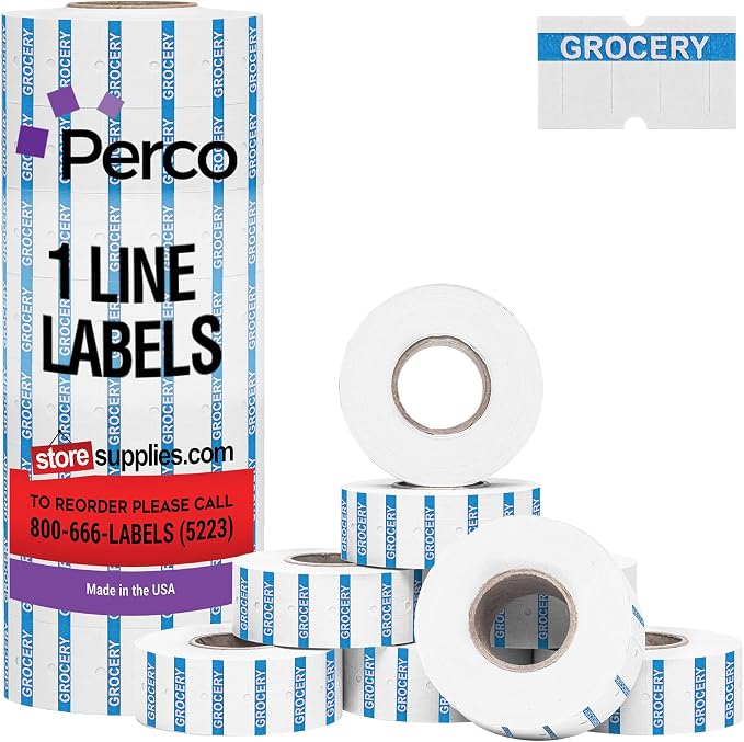 Perco 1 Line Blue Reverse Print on White Grocery Labels— 8,000 Labels for Perco Lite, X, Plus & Pro Guns—with Tamper-Proof Design for Supermarkets, Corner Stores and More—8 Rolls, 1 Sleeve—Made in USA