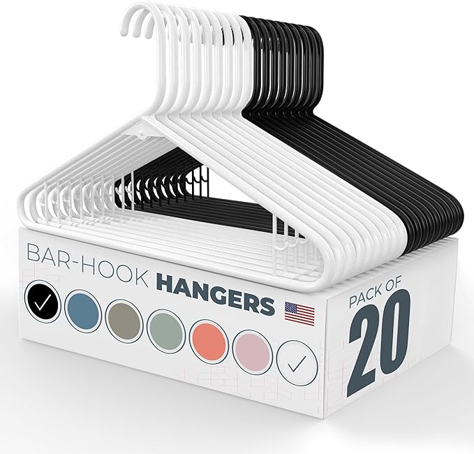 Plastic Hangers 20 Pack - Made in the USA - 6lb Capacity Standard Clothes Hangers with Strap Hooks for Dresses, Lingerie, Shirts, Pants, and Jackets - White & Black
