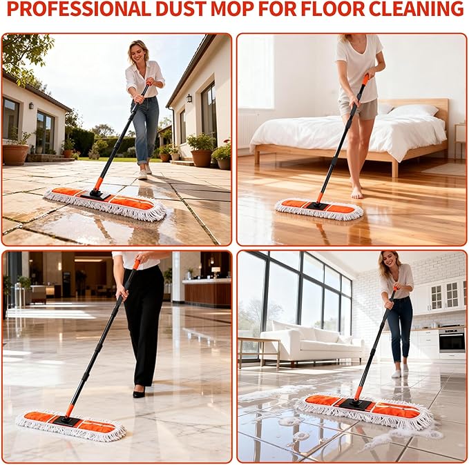36" Large Commercial Dust Mops for Industrial Floor ，Marble, Laminate,Tile,Concrete,Garage. Janitor Broom Wide Dry mop for Hardwood ,Heavy Duty Long Handle Hotel Gym Household Cleaning Supplies